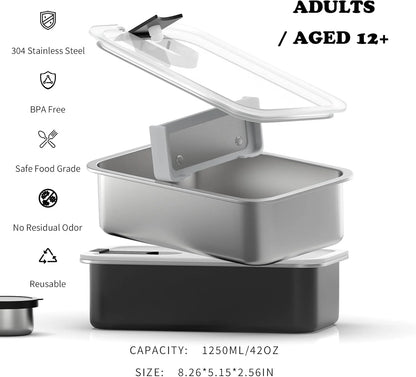 Stainless Steel Bento Lunch Box for Adult, 42Oz Leak-Proof Lunch Box Containers, Microwave-Safe, with Adjustable Divider, Convenient Metal Lunchbox for Work, Travel