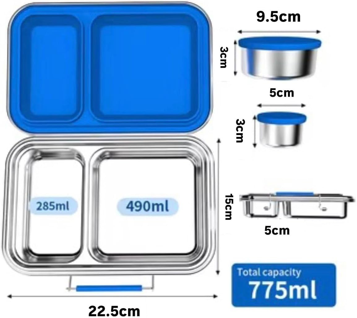 2 Compartments Stainless Steel Lunch Box with Sauce Containers Dishwasher Safe Bpa-Free Leak-Resistant School Lunch Box (Blue)