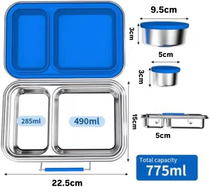2 Compartments Stainless Steel Lunch Box with Sauce Containers Dishwasher Safe Bpa-Free Leak-Resistant School Lunch Box (Blue)